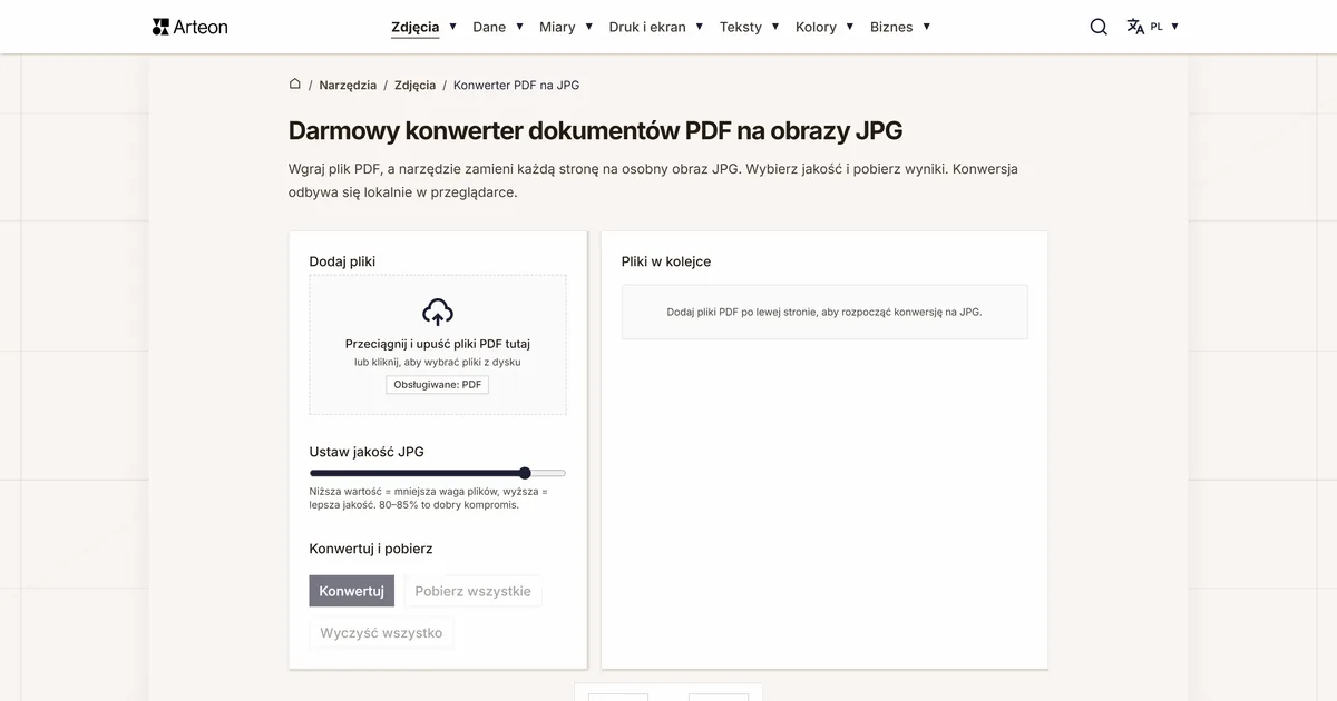 Zrzut ekranu darmowego narzędzia Arteon: Darmowy konwerter dokumentów PDF na obrazy JPG