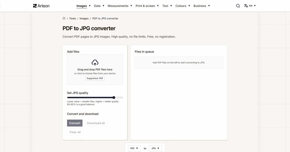 Arteon free tool screenshot: PDF to JPG converter