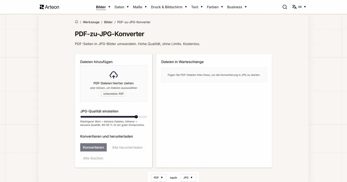 Screenshot des kostenlosen Arteon-Werkzeugs: PDF-zu-JPG-Konverter