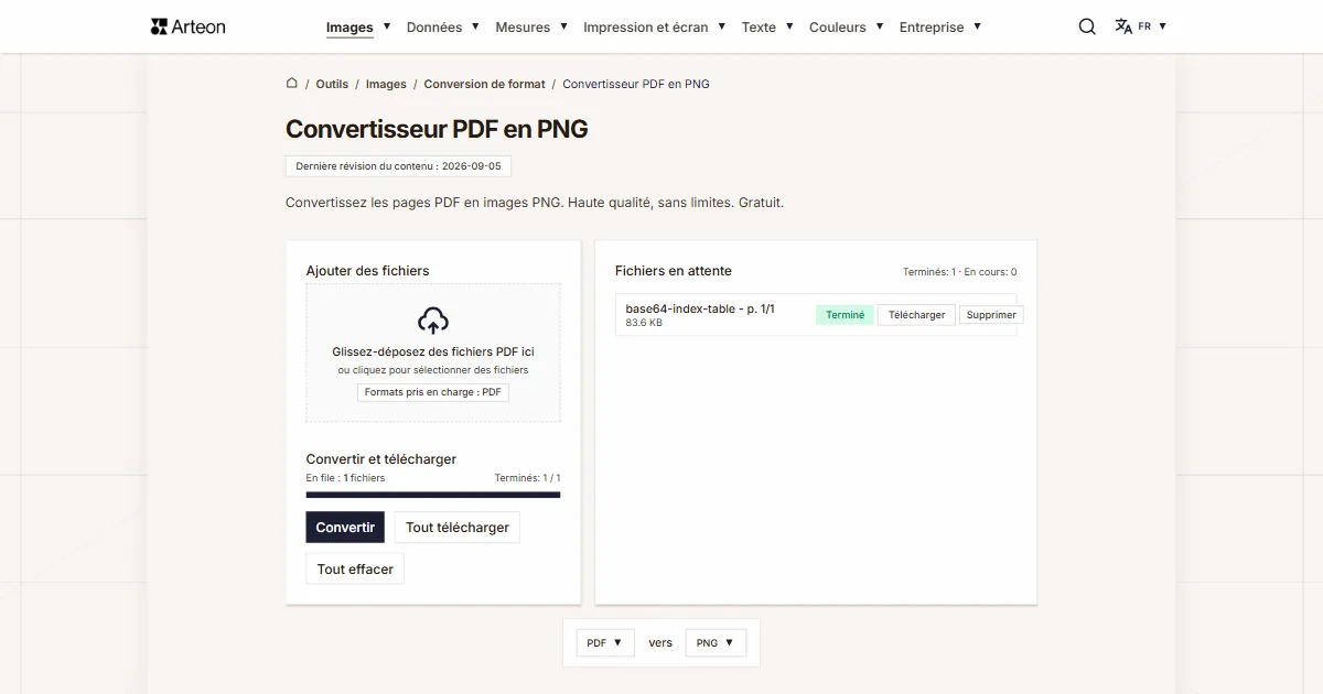 Capture d'écran de l'outil gratuit d'Arteon: Convertisseur PDF en PNG