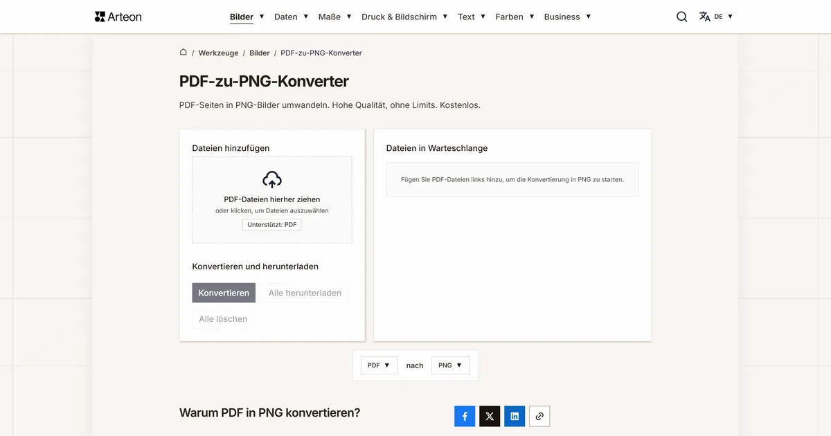 Screenshot des kostenlosen Arteon-Werkzeugs: PDF-zu-PNG-Konverter