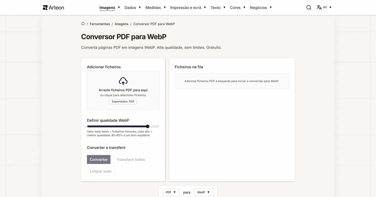 Captura de ecrã da ferramenta gratuita da Arteon: Conversor PDF para WebP