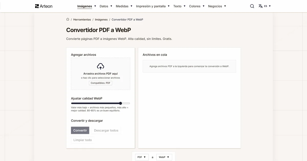 Captura de pantalla de la herramienta gratuita de Arteon: Convertidor PDF a WebP