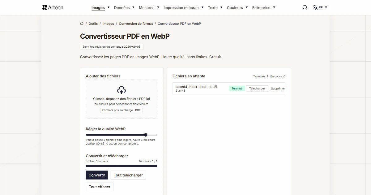 Capture d'écran de l'outil gratuit d'Arteon: Convertisseur PDF en WebP