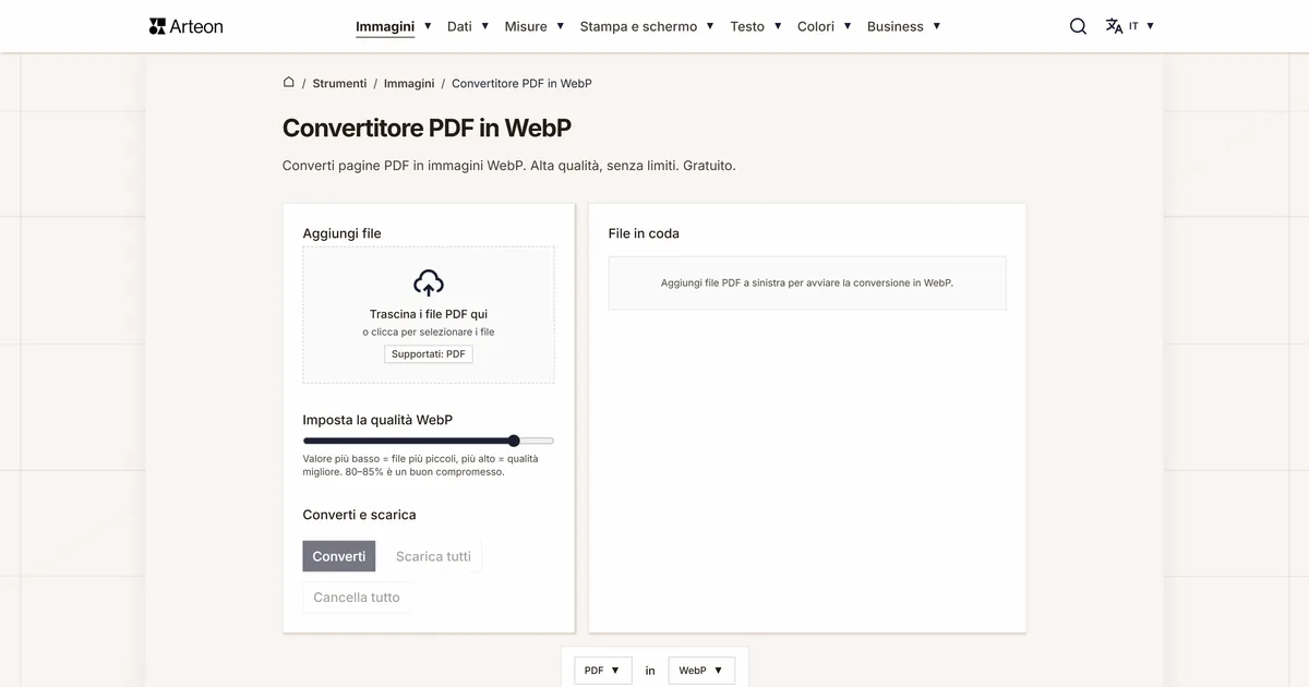 Screenshot dello strumento gratuito Arteon: Convertitore PDF in WebP