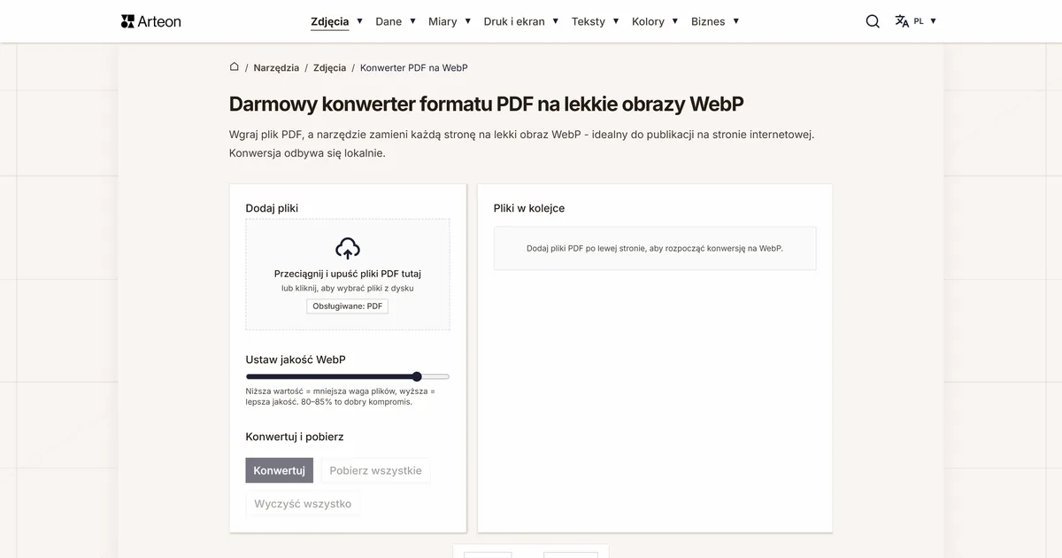 Zrzut ekranu darmowego narzędzia Arteon: Darmowy konwerter formatu PDF na lekkie obrazy WebP