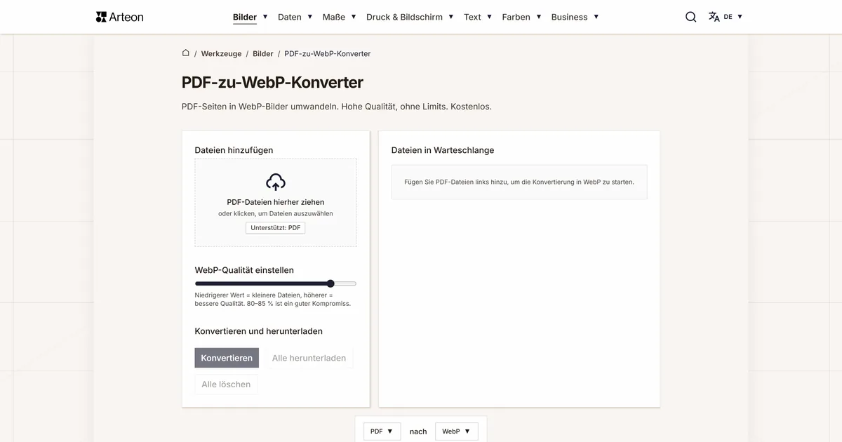 Screenshot des kostenlosen Arteon-Werkzeugs: PDF-zu-WebP-Konverter