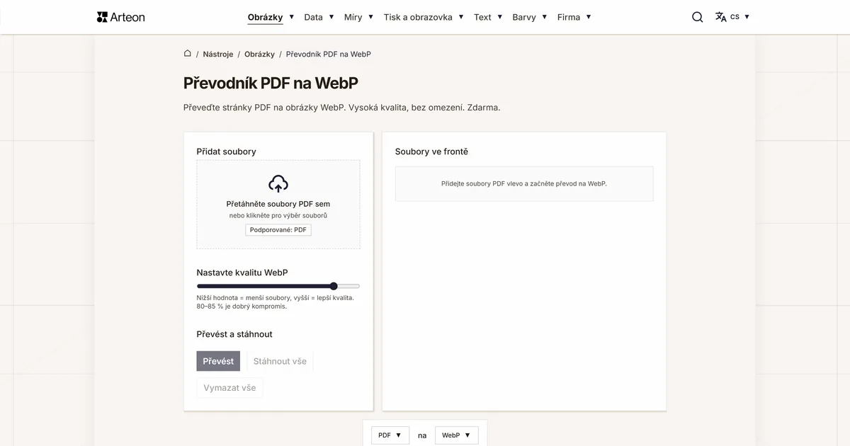Snímek obrazovky bezplatného nástroje Arteon: Převodník PDF na WebP