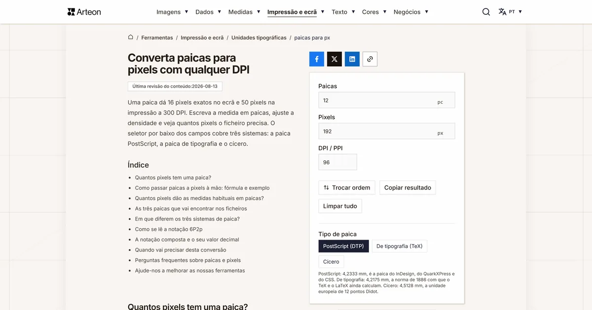 Captura de ecrã da ferramenta gratuita da Arteon: Converta paicas para pixels com qualquer DPI