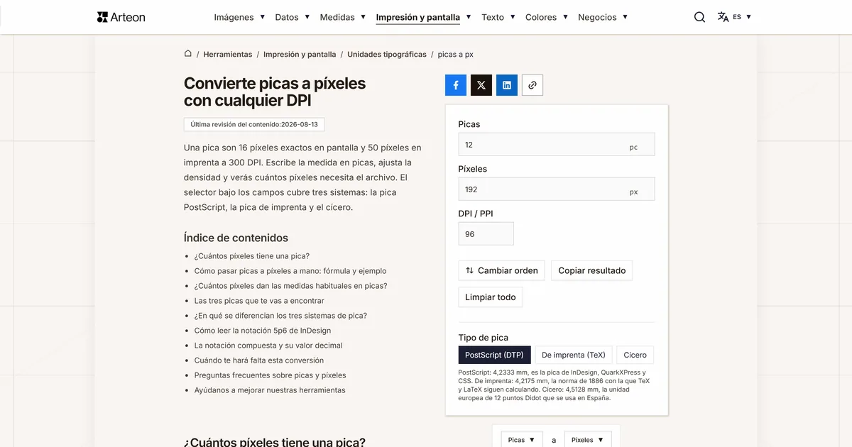 Captura de pantalla de la herramienta gratuita de Arteon: Convierte picas a píxeles con cualquier DPI