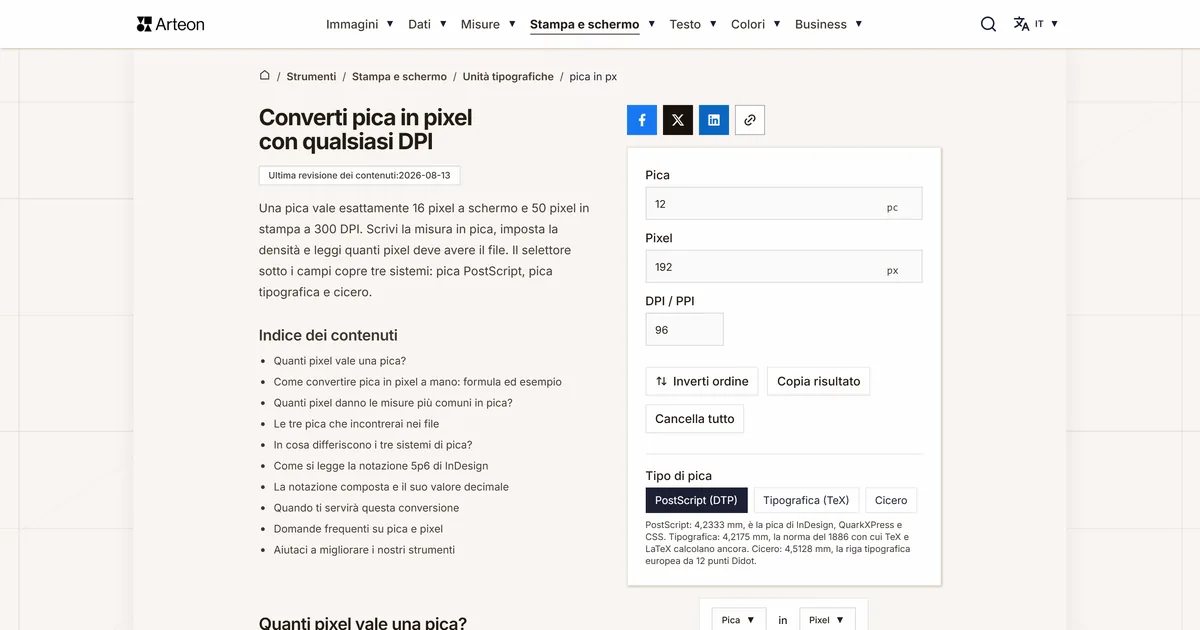 Screenshot dello strumento gratuito Arteon: Converti pica in pixel con qualsiasi DPI
