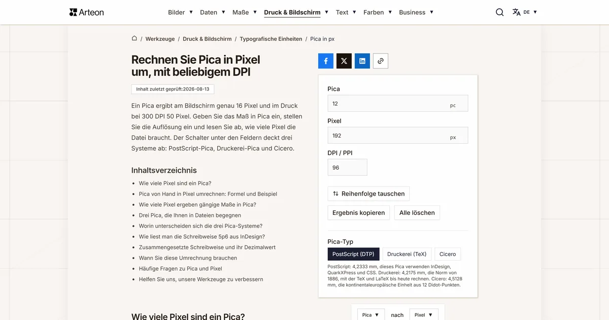 Screenshot des kostenlosen Arteon-Werkzeugs: Rechnen Sie Pica in Pixel um, mit beliebigem DPI