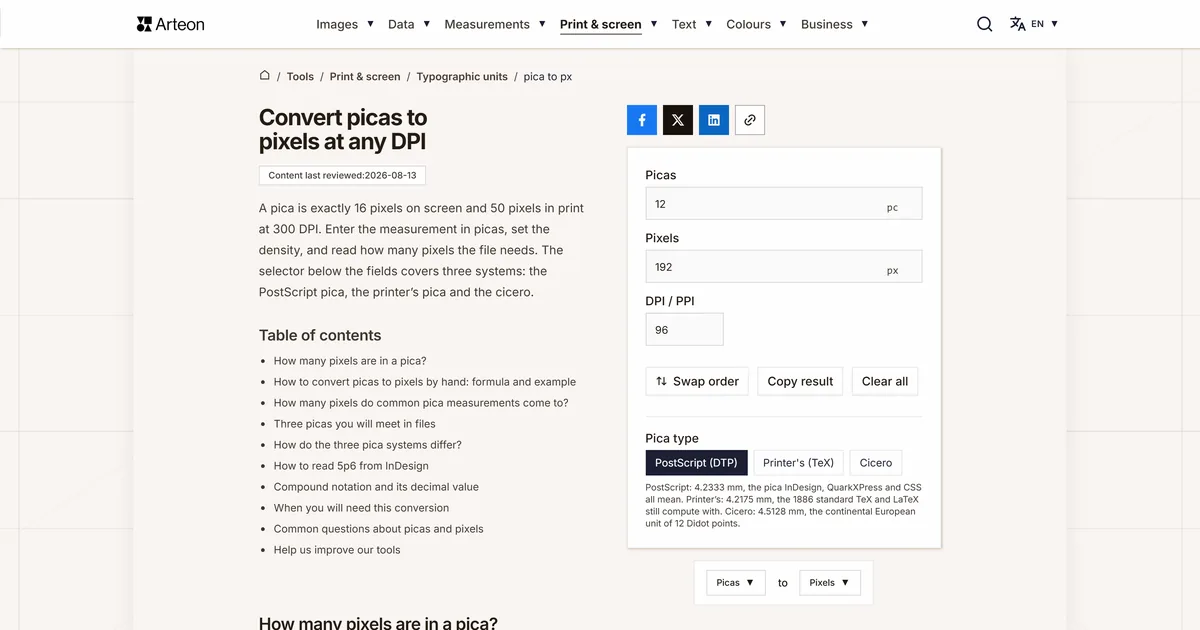 Arteon free tool screenshot: Convert picas to pixels at any DPI