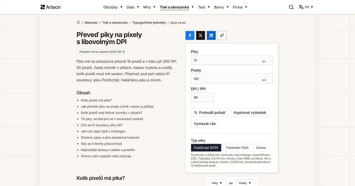 Snímek obrazovky bezplatného nástroje Arteon: Převeď piky na pixely s libovolným DPI