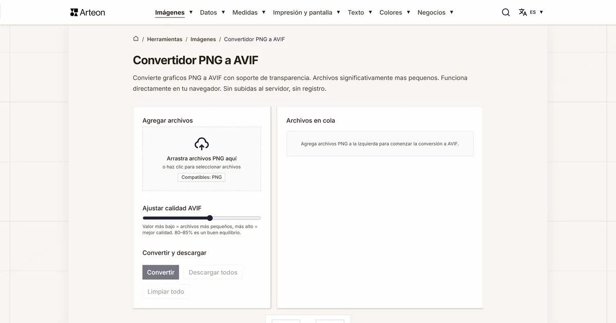 Captura de pantalla de la herramienta gratuita de Arteon: Convertidor PNG a AVIF