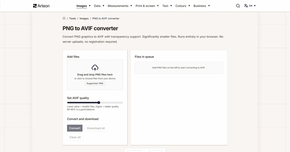 Arteon free tool screenshot: PNG to AVIF converter