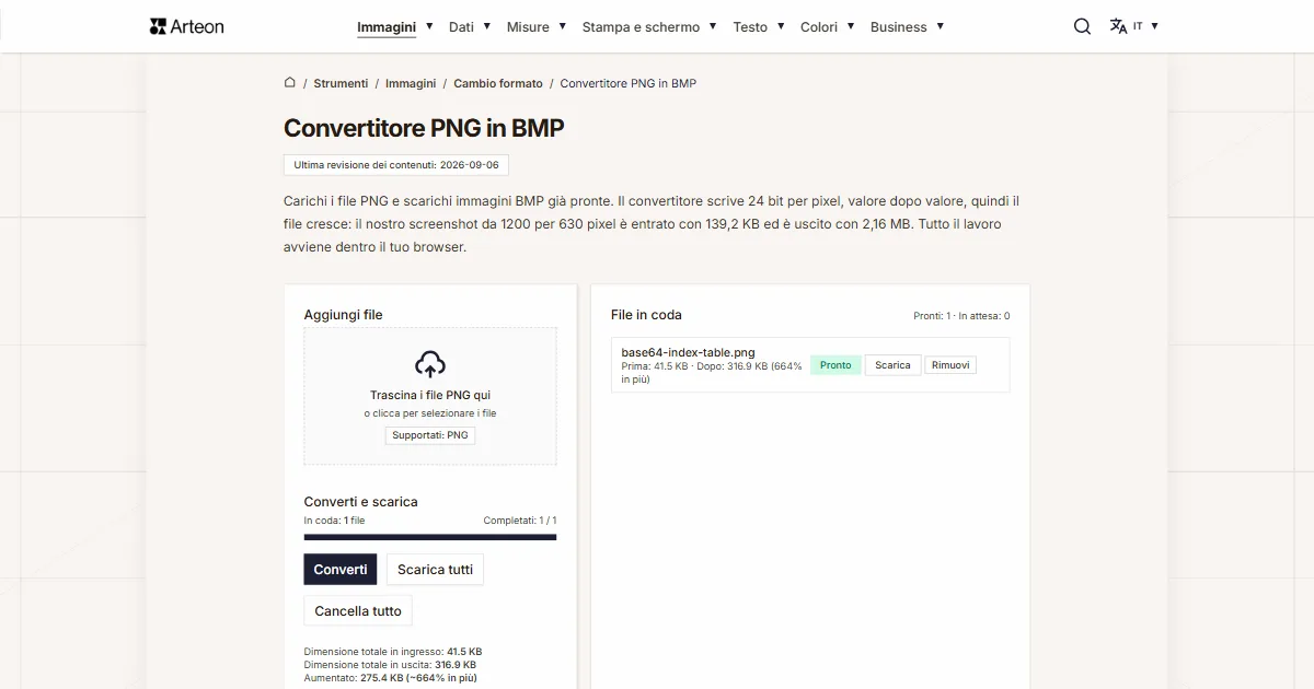 Screenshot dello strumento gratuito Arteon: Convertitore PNG in BMP