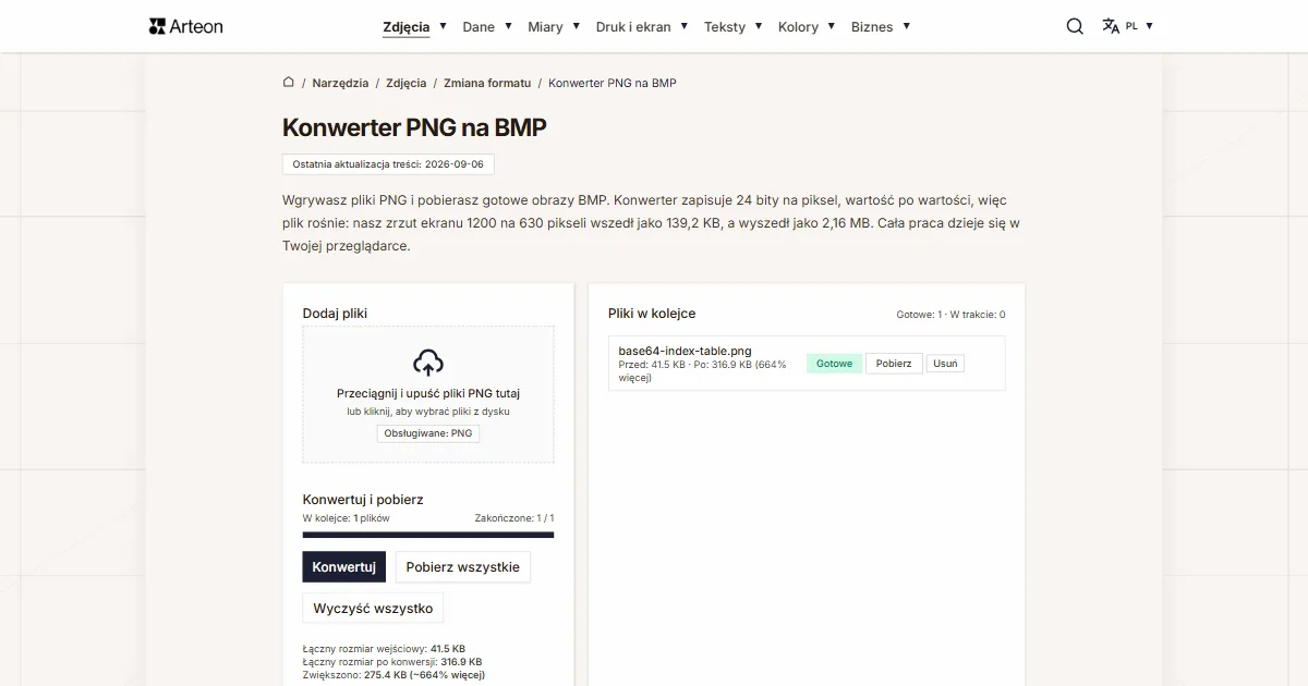 Zrzut ekranu darmowego narzędzia Arteon: Konwerter PNG na BMP