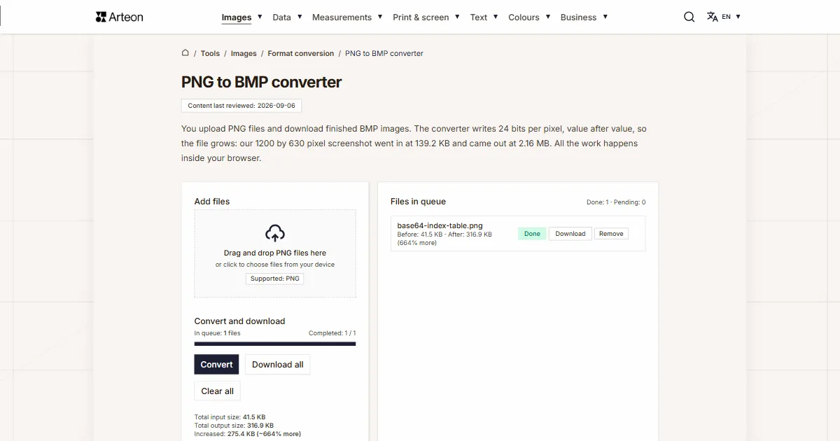 Arteon free tool screenshot: PNG to BMP converter