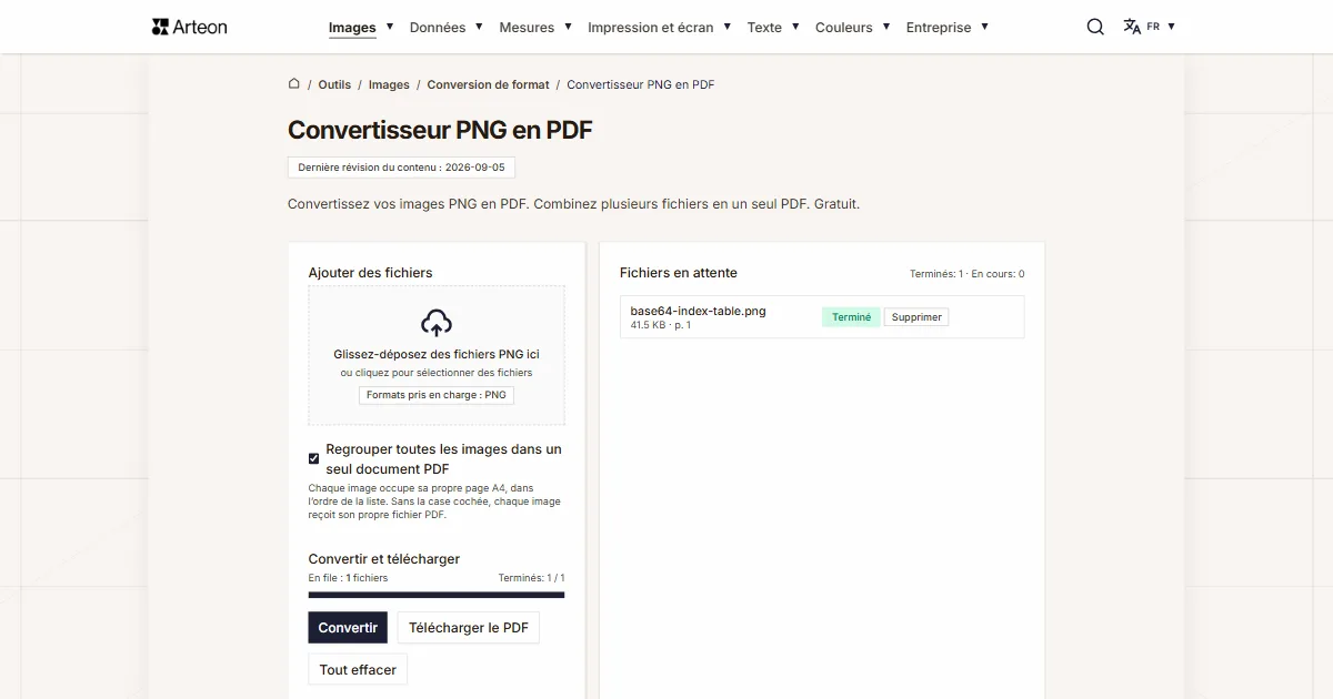 Capture d'écran de l'outil gratuit d'Arteon: Convertisseur PNG en PDF