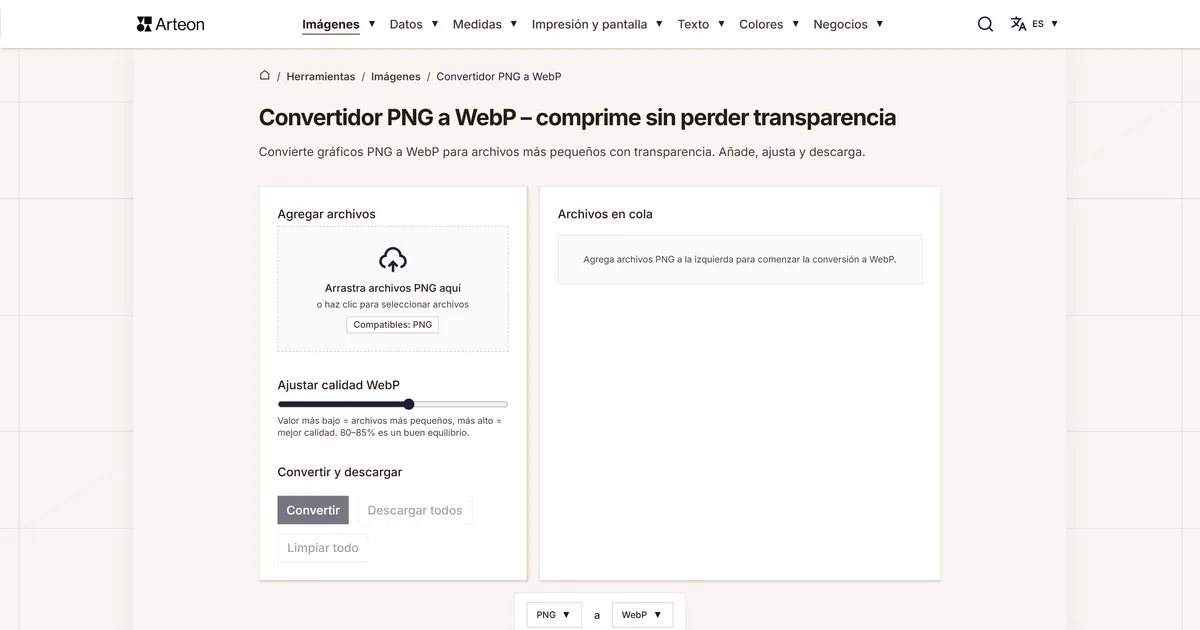 Captura de pantalla de la herramienta gratuita de Arteon: Convertidor PNG a WebP – comprime sin perder transparencia