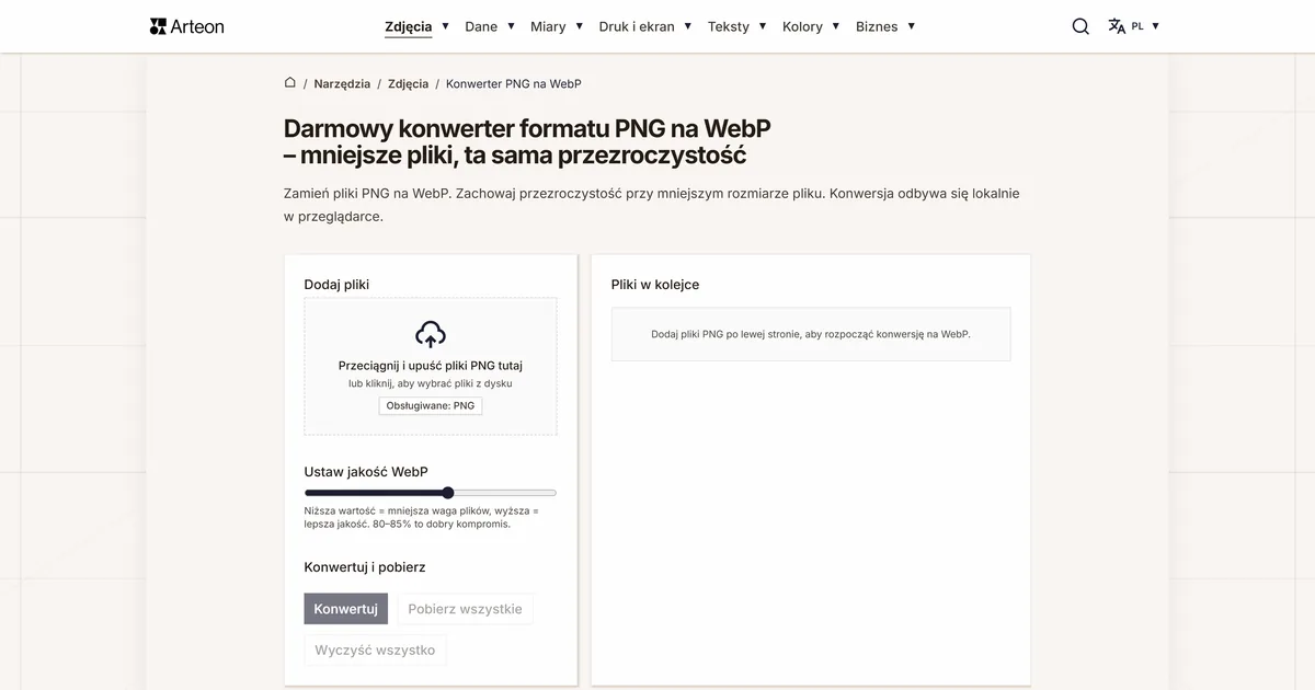 Zrzut ekranu darmowego narzędzia Arteon: Darmowy konwerter formatu PNG na WebP – mniejsze pliki, ta sama przezroczystość