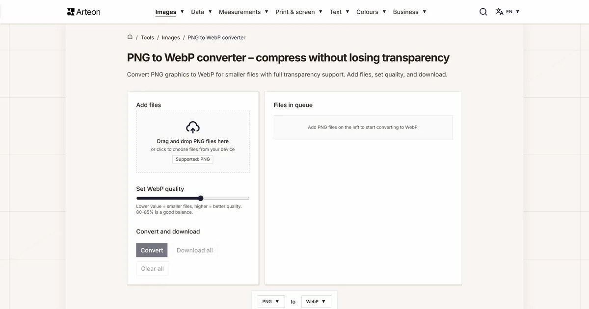 Arteon free tool screenshot: PNG to WebP converter – compress without losing transparency