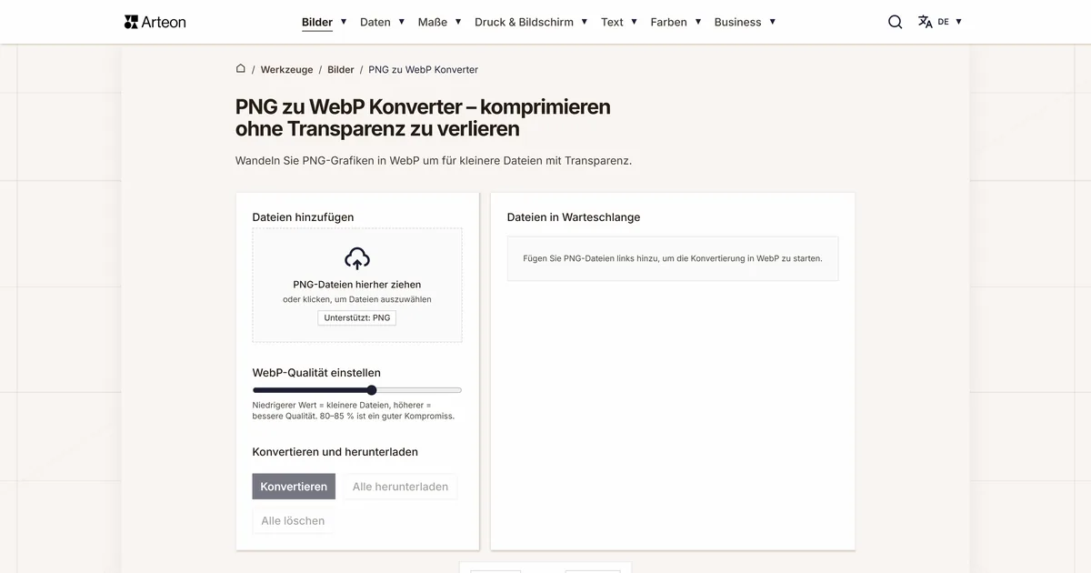 Screenshot des kostenlosen Arteon-Werkzeugs: PNG zu WebP Konverter – komprimieren ohne Transparenz zu verlieren