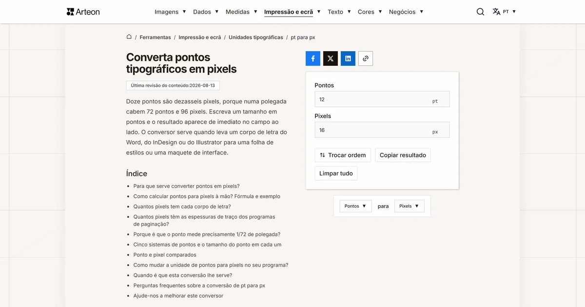 Captura de ecrã da ferramenta gratuita da Arteon: Converta pontos tipográficos em pixels