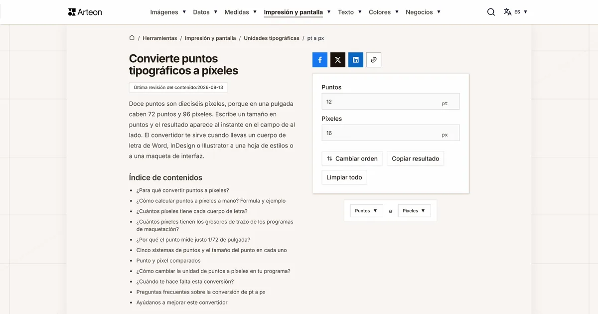 Captura de pantalla de la herramienta gratuita de Arteon: Convierte puntos tipográficos a píxeles