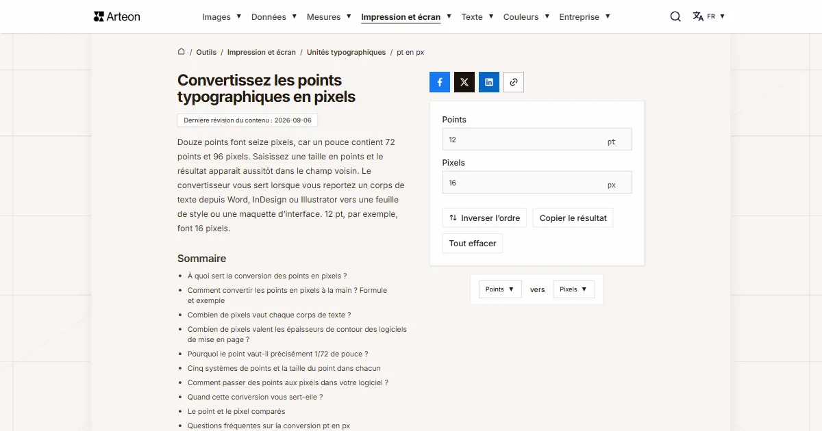 Capture d'écran de l'outil gratuit d'Arteon: Convertissez les points typographiques en pixels