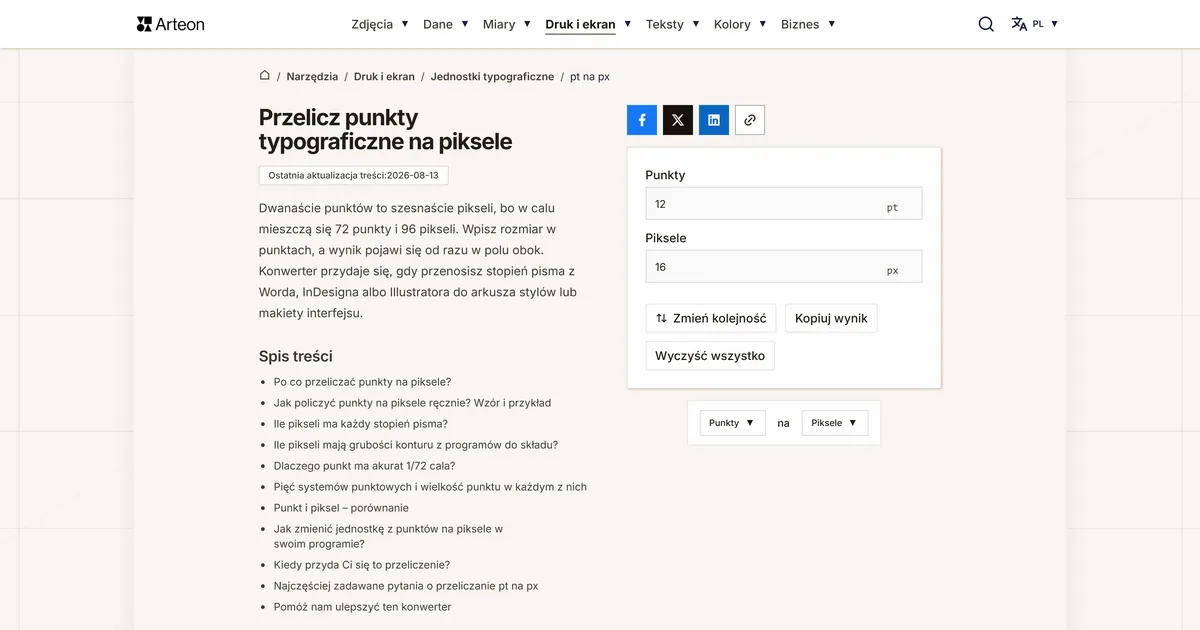 Zrzut ekranu darmowego narzędzia Arteon: Przelicz punkty typograficzne na piksele