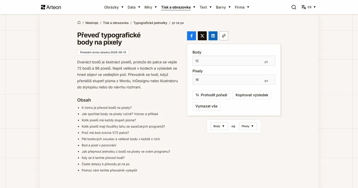 Snímek obrazovky bezplatného nástroje Arteon: Převeď typografické body na pixely