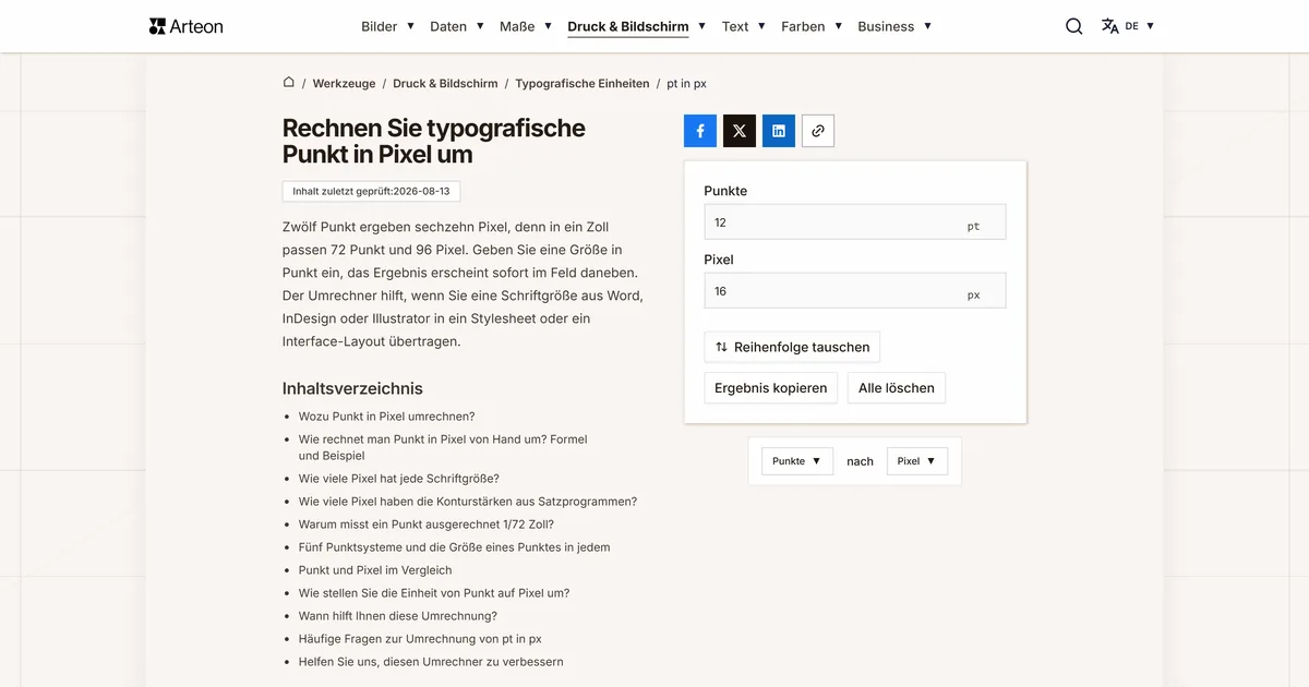 Screenshot des kostenlosen Arteon-Werkzeugs: Rechnen Sie typografische Punkt in Pixel um