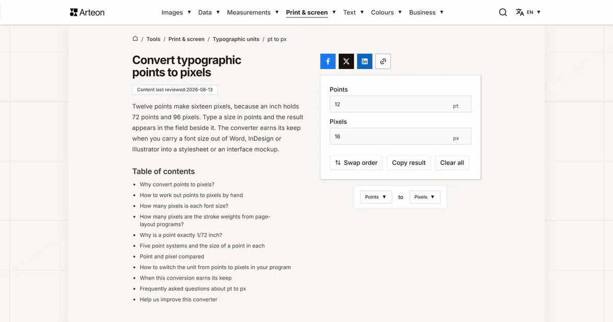 Arteon free tool screenshot: Convert typographic points to pixels