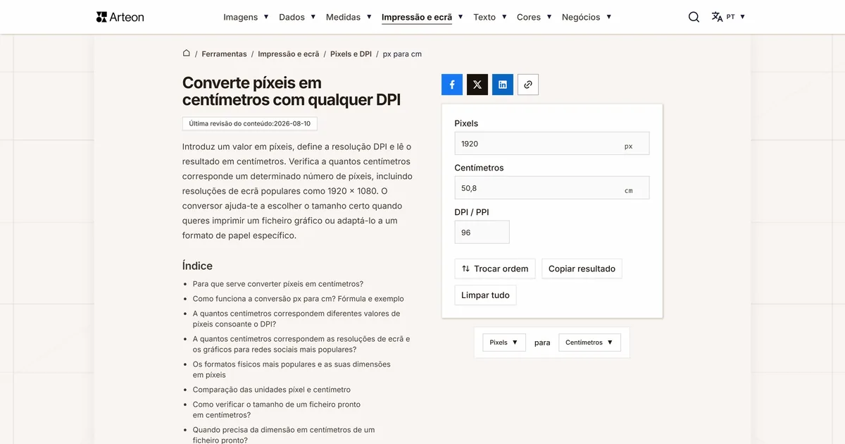 Captura de ecrã da ferramenta gratuita da Arteon: Converte píxeis em centímetros com qualquer DPI