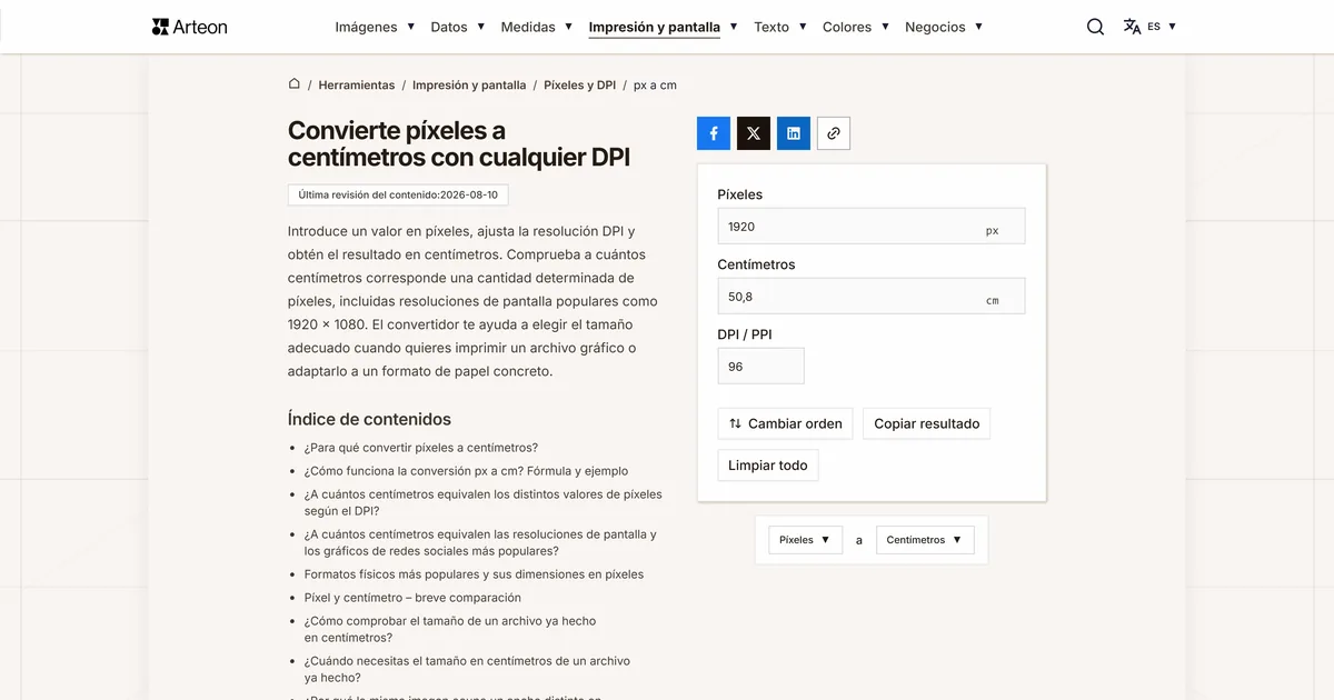 Captura de pantalla de la herramienta gratuita de Arteon: Convierte píxeles a centímetros con cualquier DPI