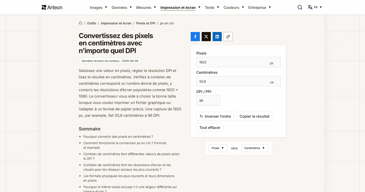 Capture d'écran de l'outil gratuit d'Arteon: Convertissez des pixels en centimètres avec n’importe quel DPI