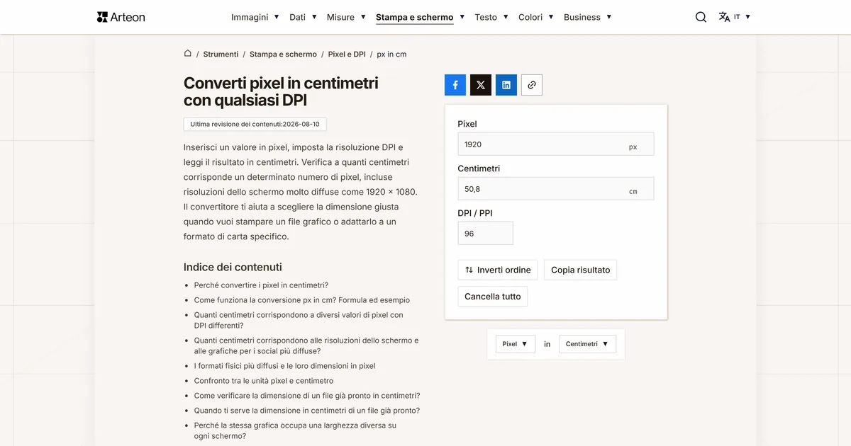 Screenshot dello strumento gratuito Arteon: Converti pixel in centimetri con qualsiasi DPI