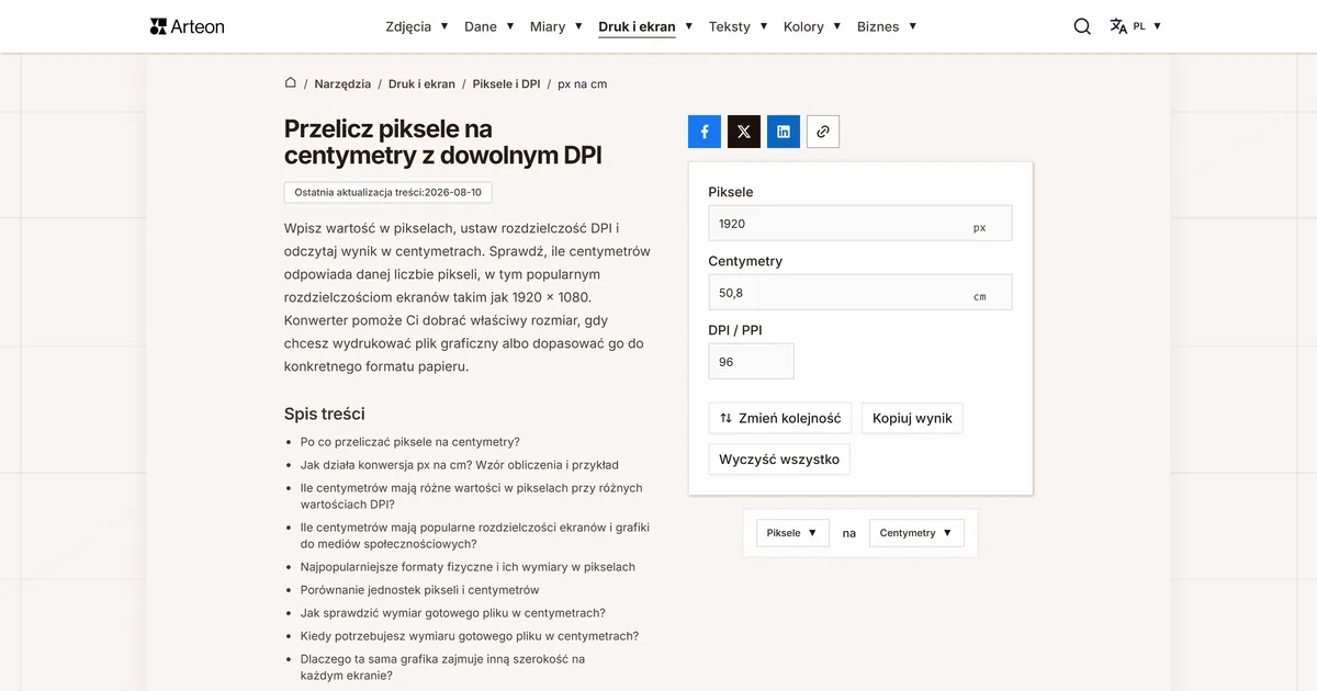 Zrzut ekranu darmowego narzędzia Arteon: Przelicz piksele na centymetry z dowolnym DPI