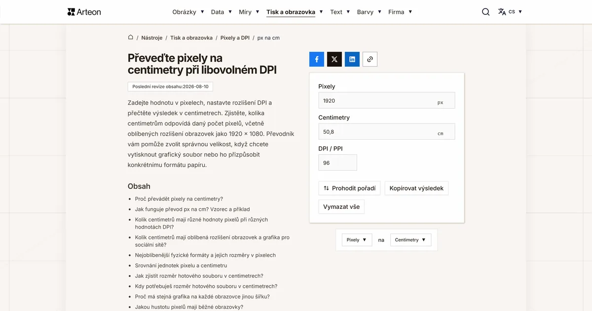 Snímek obrazovky bezplatného nástroje Arteon: Převeďte pixely na centimetry při libovolném DPI