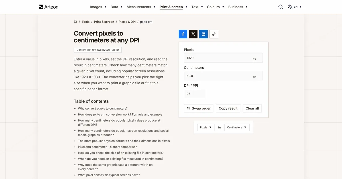 Arteon free tool screenshot: Convert pixels to centimeters at any DPI