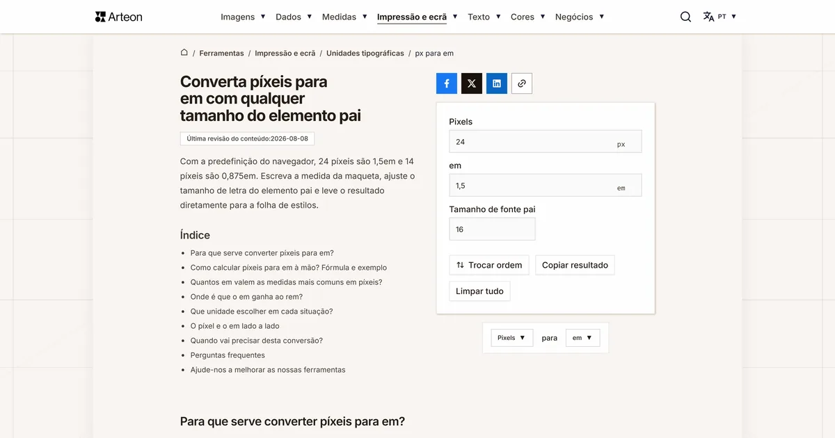Captura de ecrã da ferramenta gratuita da Arteon: Converta píxeis para em com qualquer tamanho do elemento pai