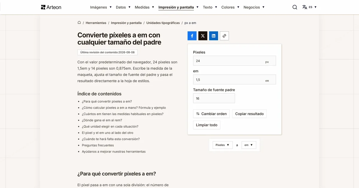 Captura de pantalla de la herramienta gratuita de Arteon: Convierte píxeles a em con cualquier tamaño del padre