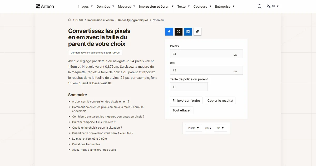 Capture d'écran de l'outil gratuit d'Arteon: Convertissez les pixels en em avec la taille du parent de votre choix