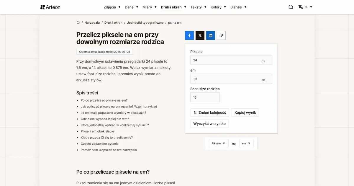 Zrzut ekranu darmowego narzędzia Arteon: Przelicz piksele na em przy dowolnym rozmiarze rodzica