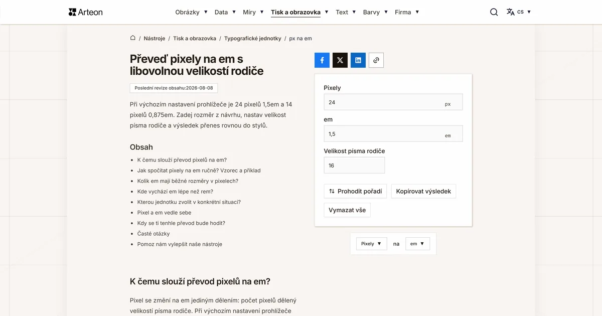 Snímek obrazovky bezplatného nástroje Arteon: Převeď pixely na em s libovolnou velikostí rodiče
