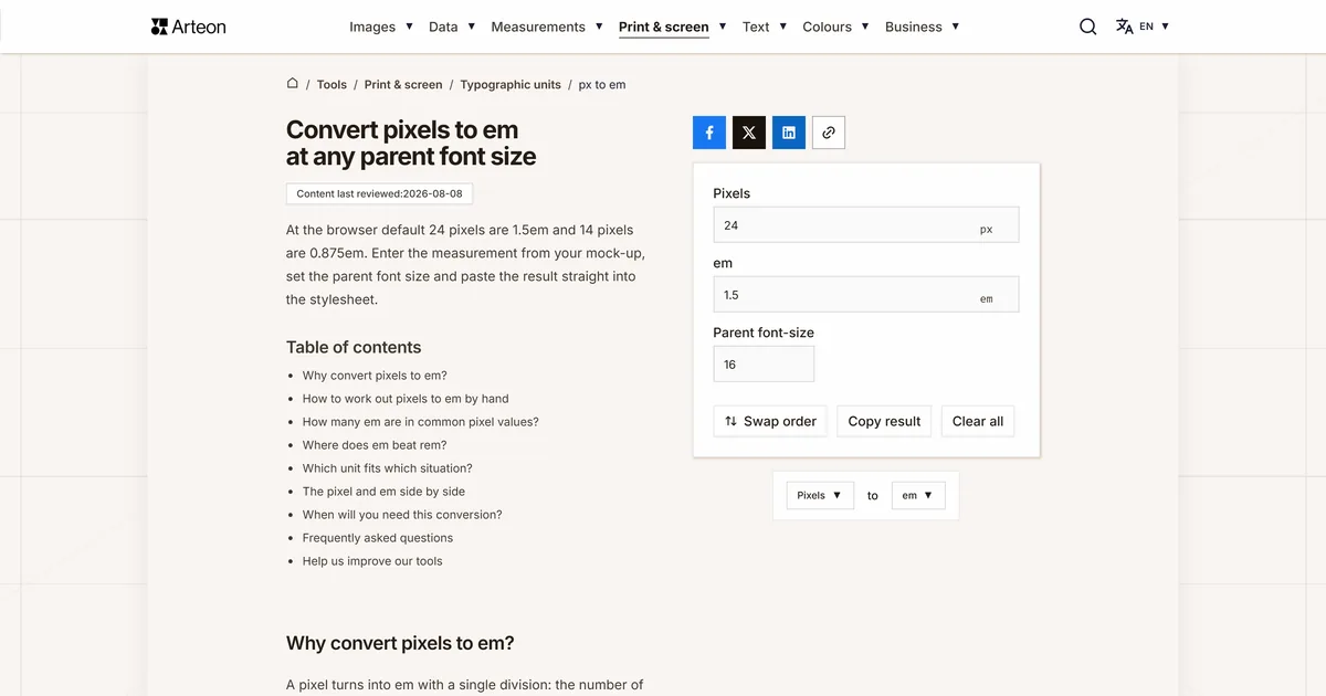 Arteon free tool screenshot: Convert pixels to em at any parent font size