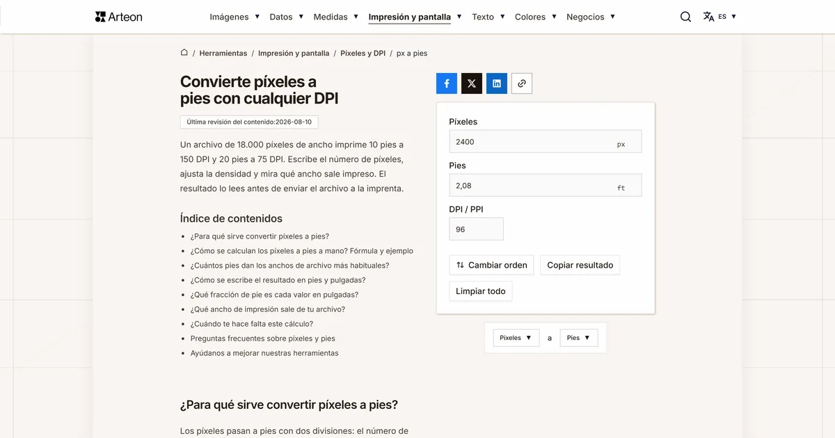 Captura de pantalla de la herramienta gratuita de Arteon: Convierte píxeles a pies con cualquier DPI