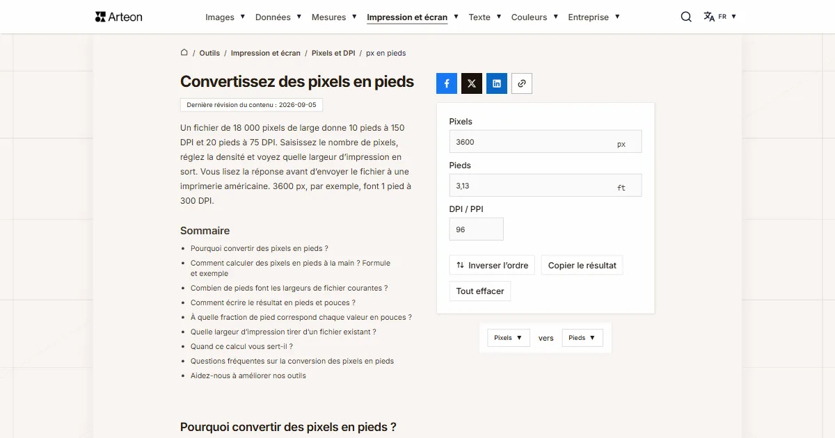 Capture d'écran de l'outil gratuit d'Arteon: Convertissez des pixels en pieds
